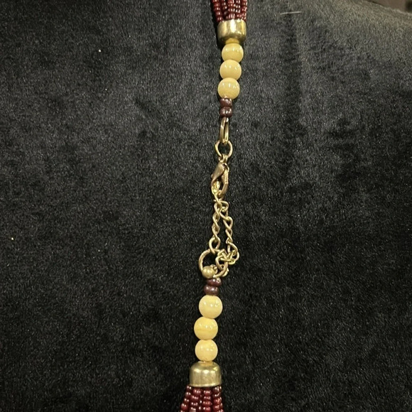 Multi Strand Woven & Beaded Long Necklace Red White & Gold - Picture 4 of 4